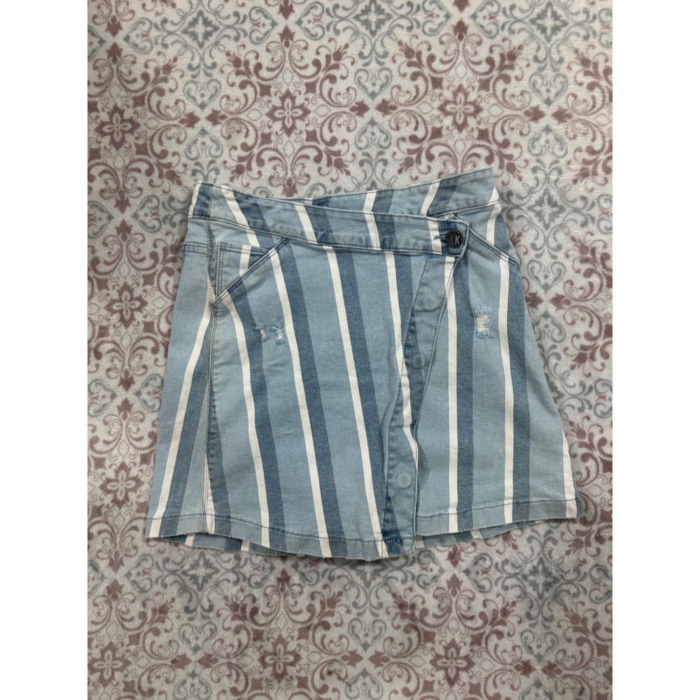 KUT from the Kloth Striped Denim Mini Skirt Blue White Asymmetrical Wrap Size 0
